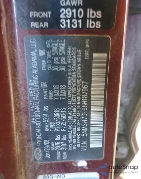 2008 Hyundai Santa Fe Se z USA, uszkodzony, nr VIN 5NMSH73E68H187967